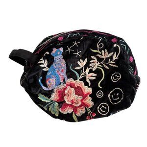 Johnny Was Colette Cotton Velvet Makeup Bag Floral Cosmetic Handbag Black NEW
